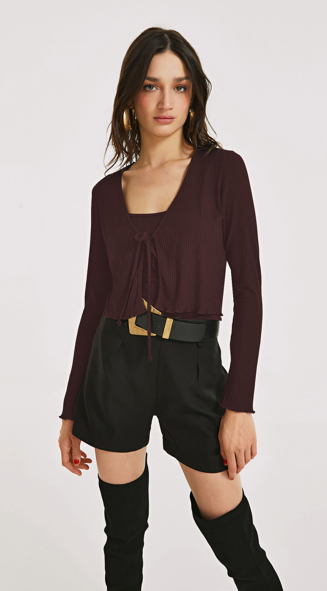 Blusa Morena Rosa Decote Amarração Manga Longa Com Regata Vermelho