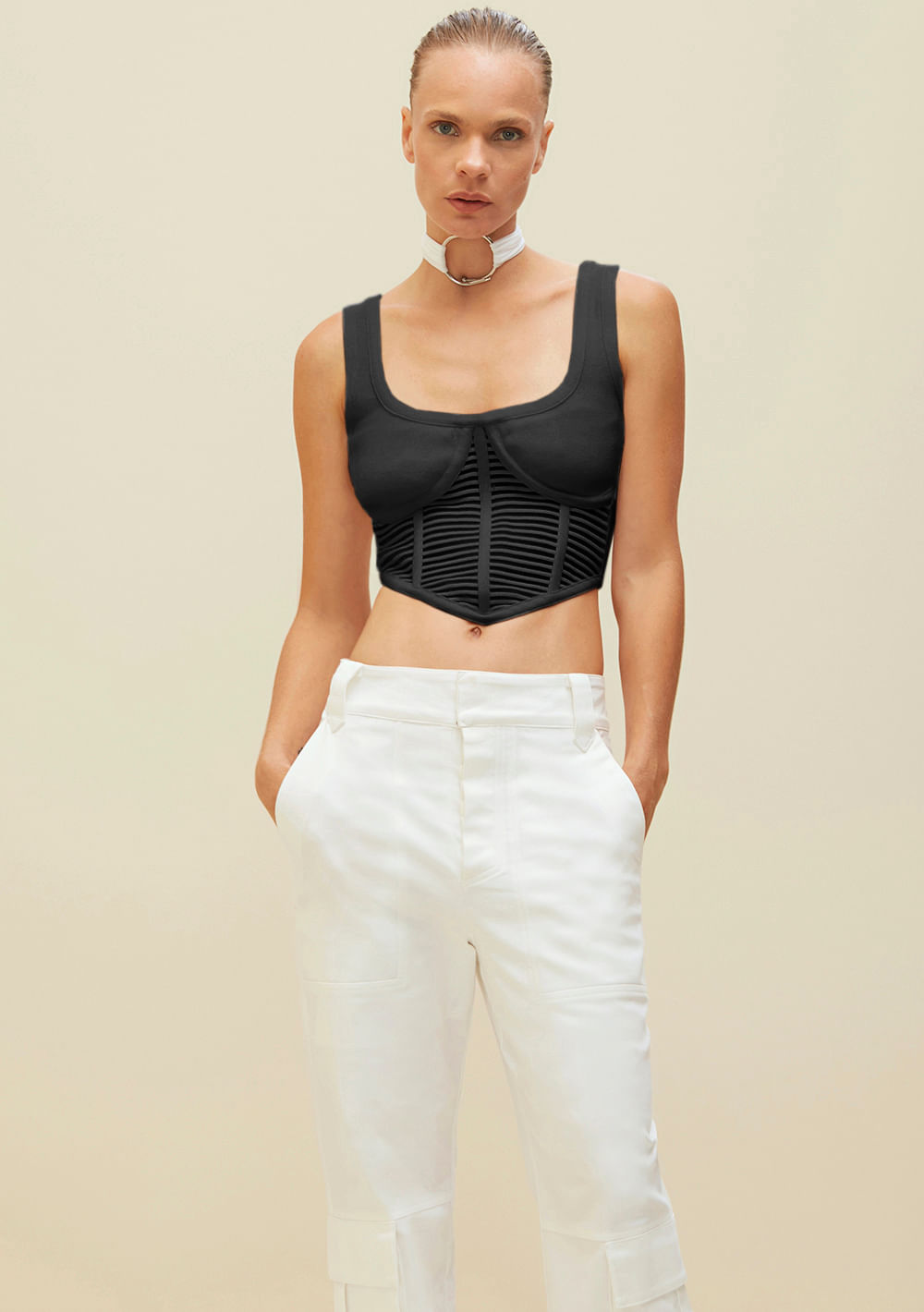 Top Morena Rosa Corset Alça Tricô Preto