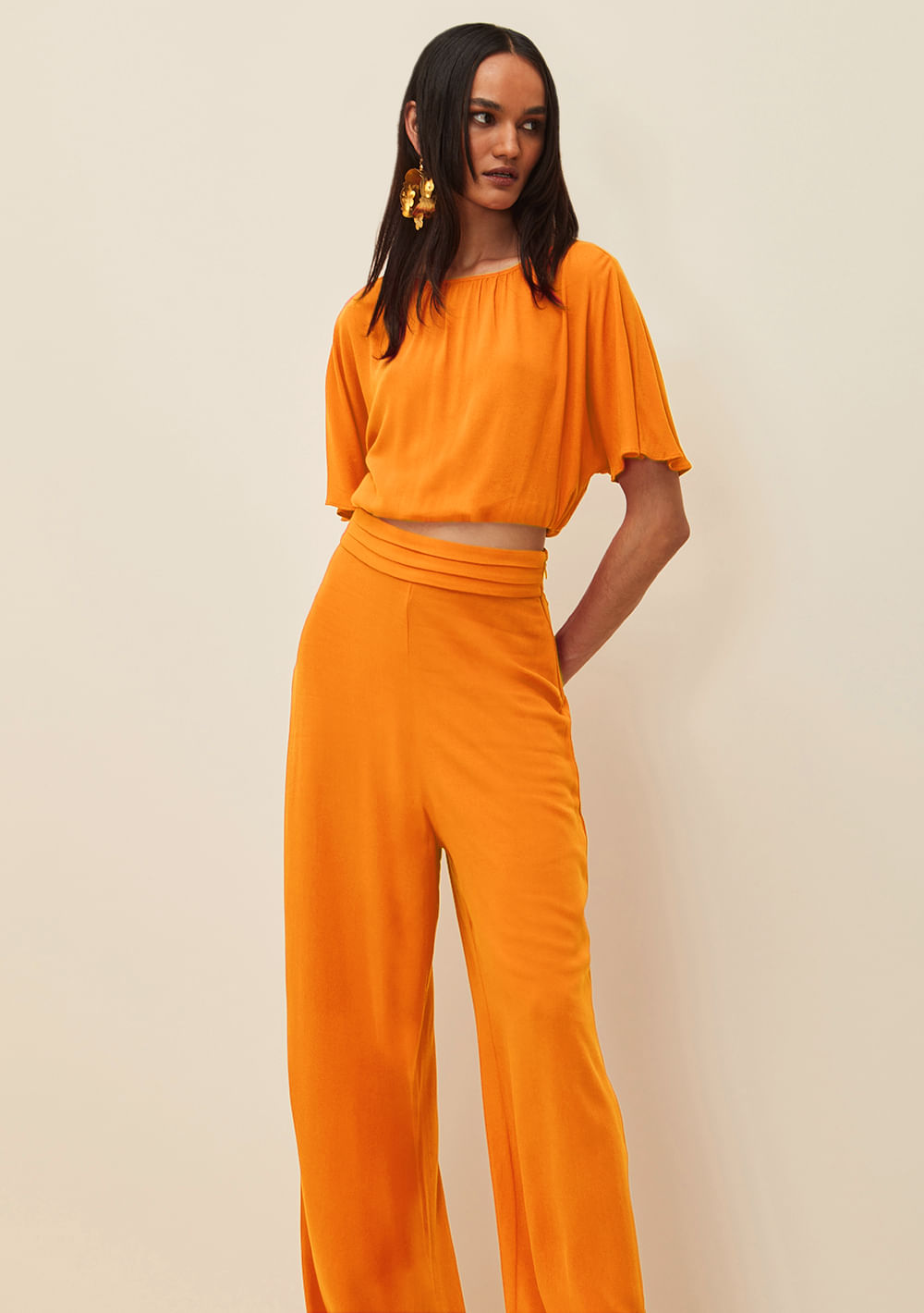 Calca Morena Rosa Reta Cós Alto Bolso Faca Laranja