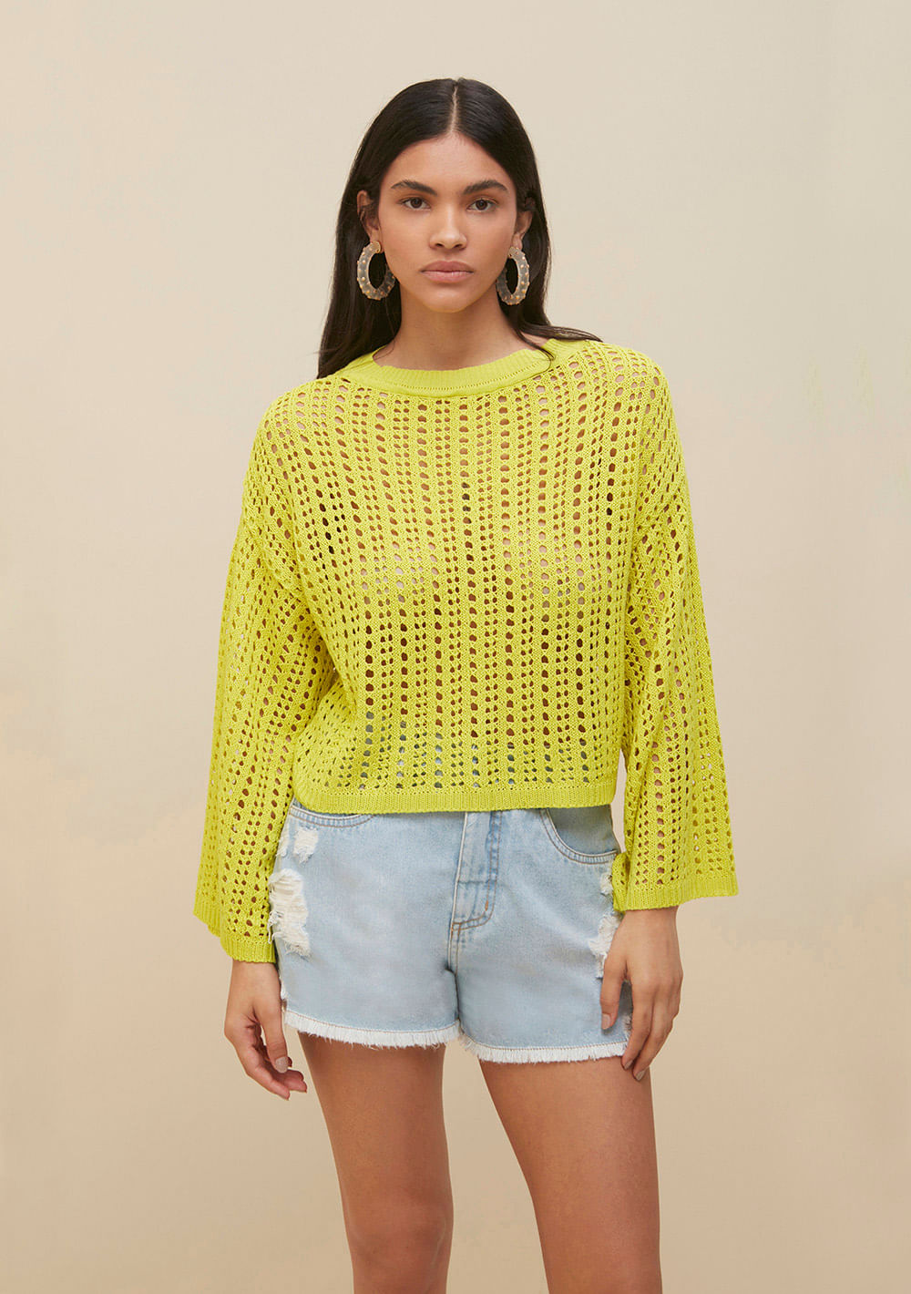 Blusa Morena Rosa Decote Redondo Manga Ampla Tricôt Verde Claro