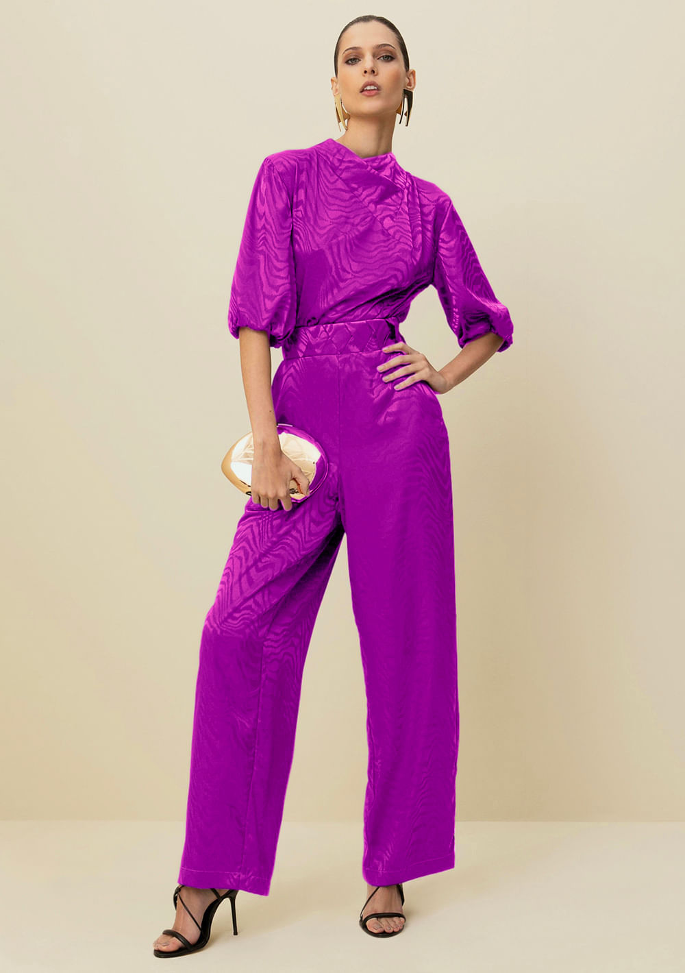 Calca Morena Rosa Reta Cós Alto Detalhe Cós Roxo