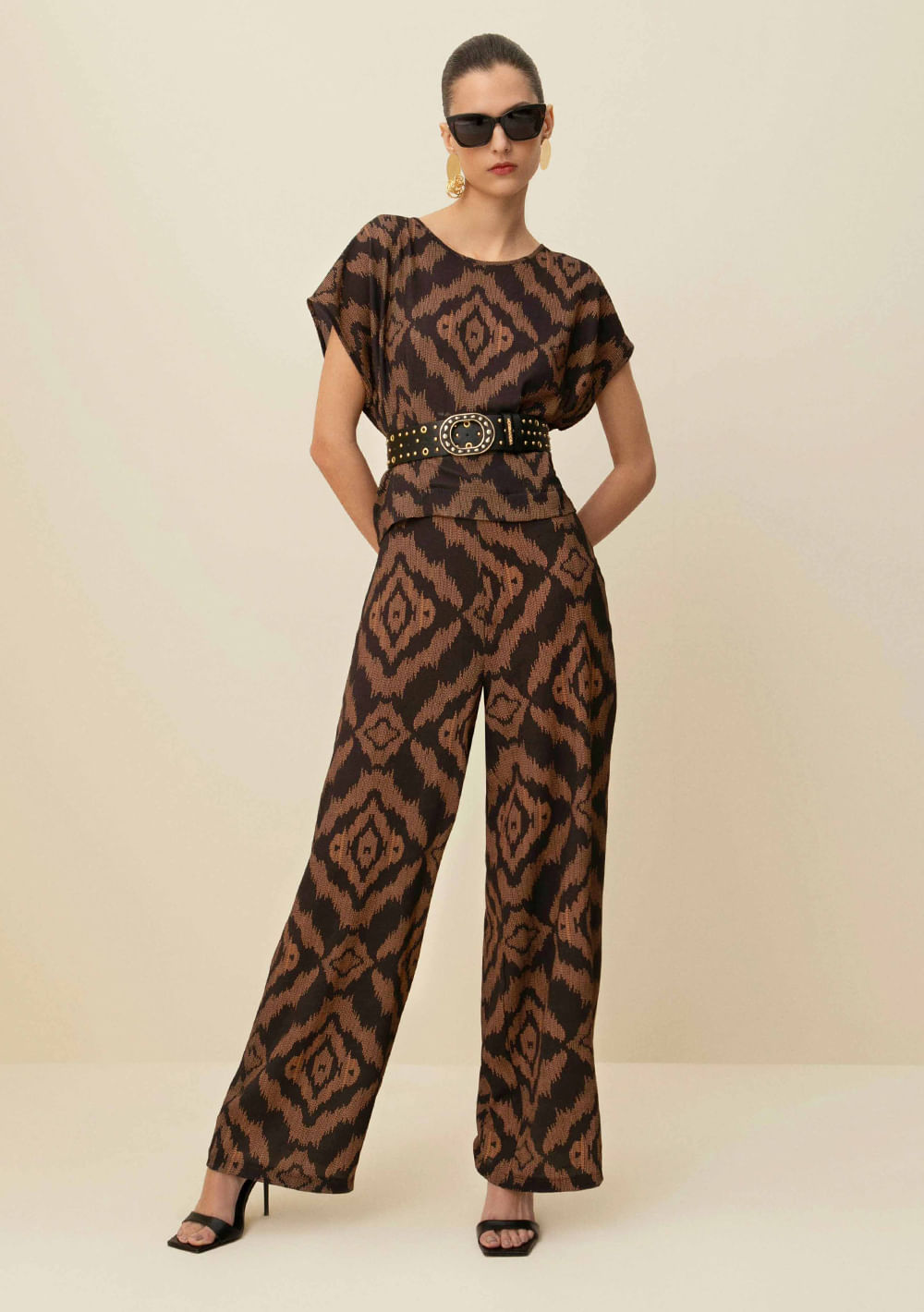 Calça Morena Rosa Reta Estampada Preto E Marrom Preto