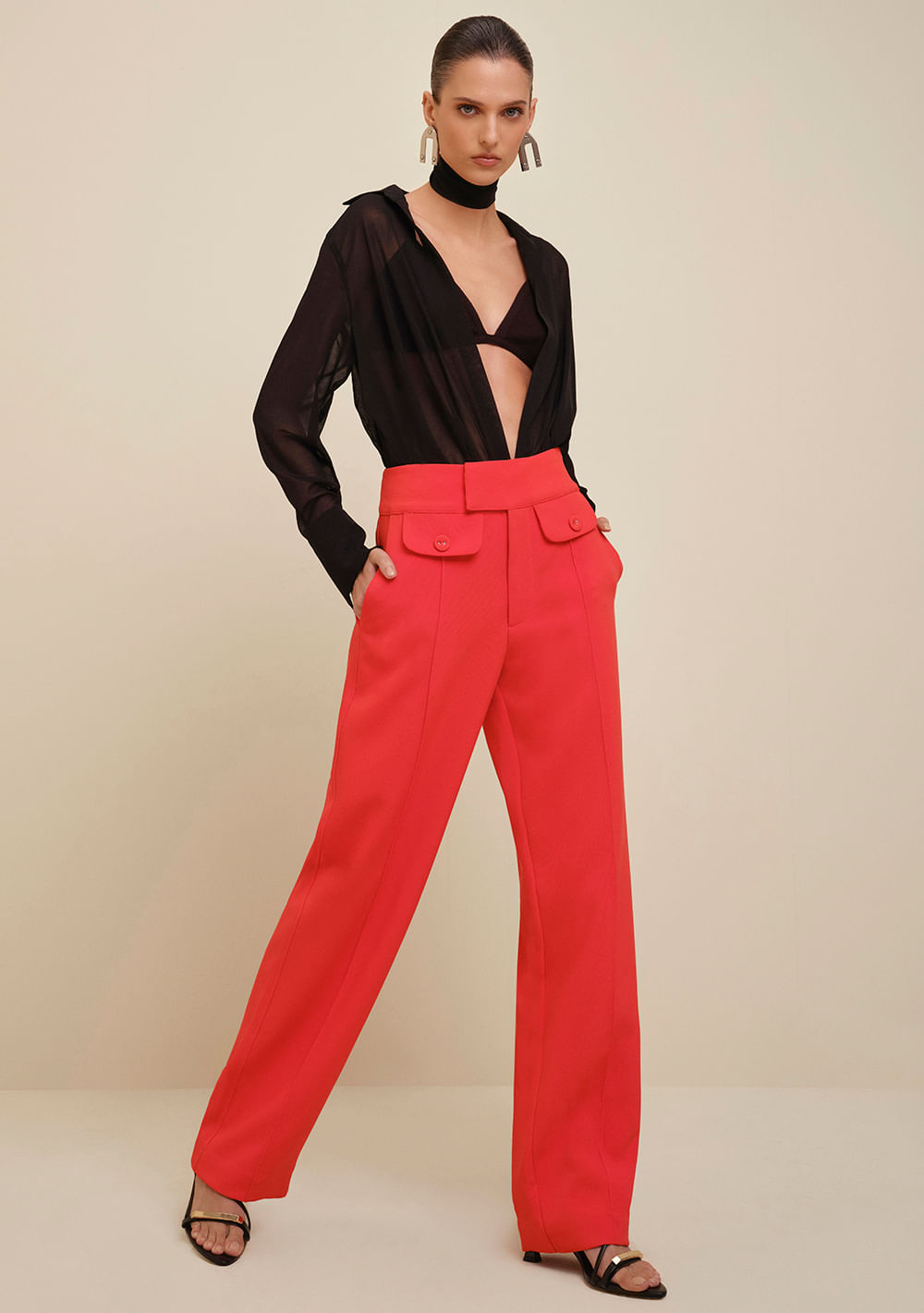 Calça Morena Rosa Alfaiataria Cós Alto Detalhe Lapela Laranja