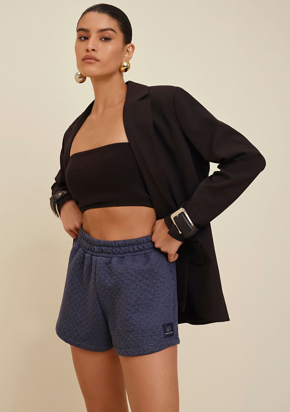 Shorts Morena Rosa Comfort Detalhe Matelasse Azul Marinho