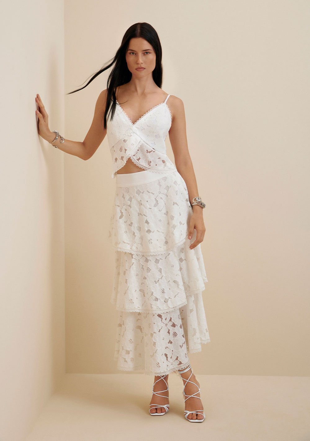 Saia Morena Rosa Midi Godê Detalhe Camadas Off White
