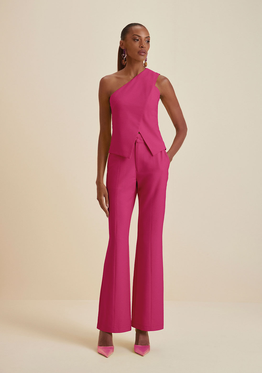 Calça Morena Rosa Boot Cut Cós Alfaiataria Bolso Faca Pink