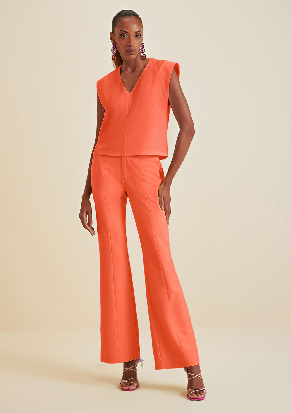Calça Morena Rosa Boot Cut Cós Alfaiataria Bolso Faca Laranja