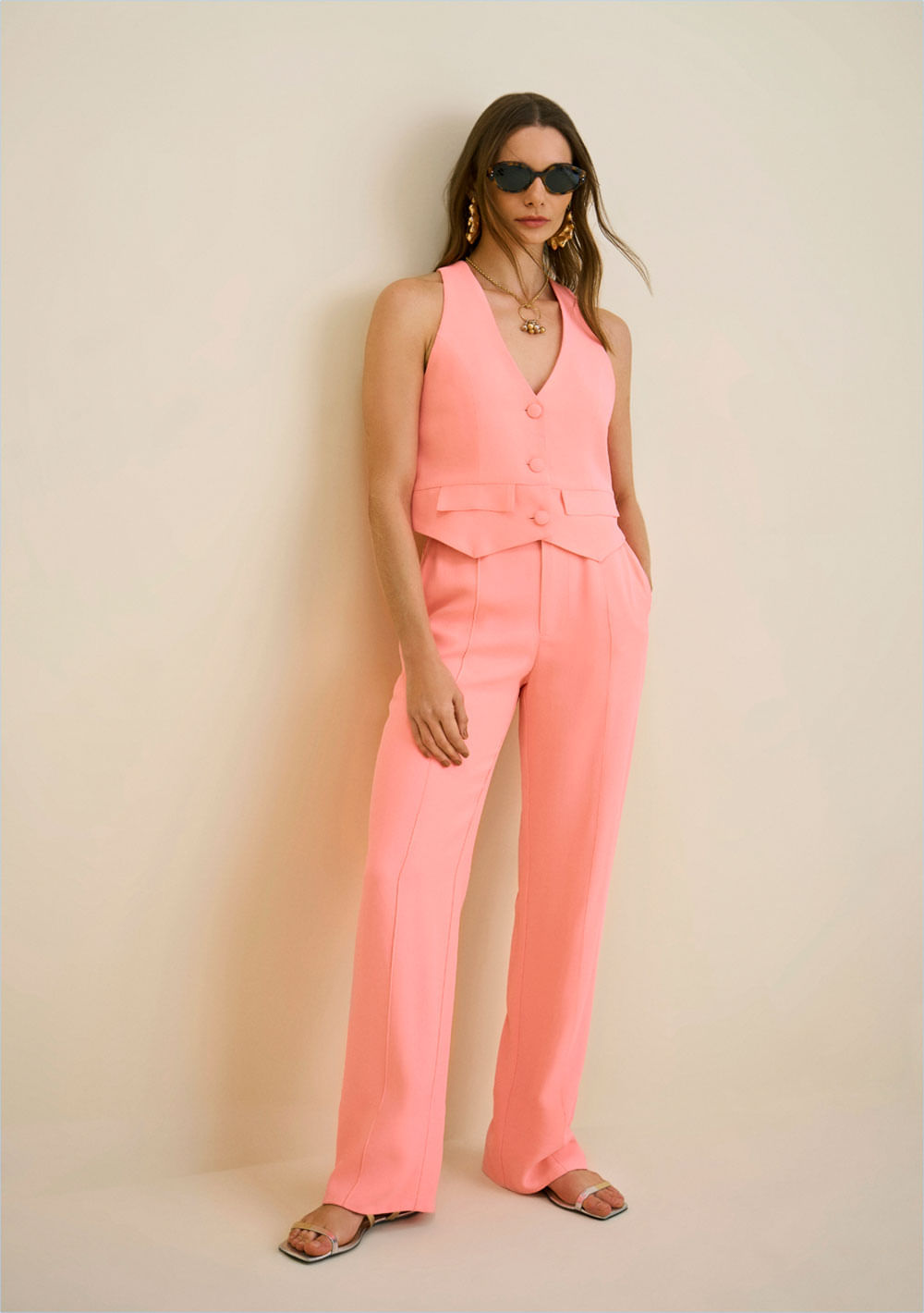 Calça Morena Rosa Reta Cós Alto Com Bolso Rosa