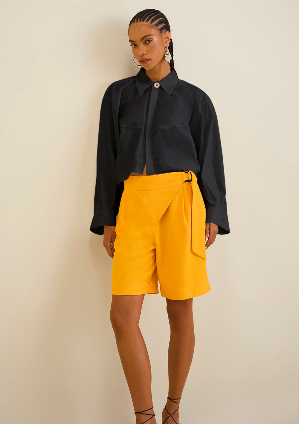 Camisa Morena Rosa Manga Longa Com Botões Preto