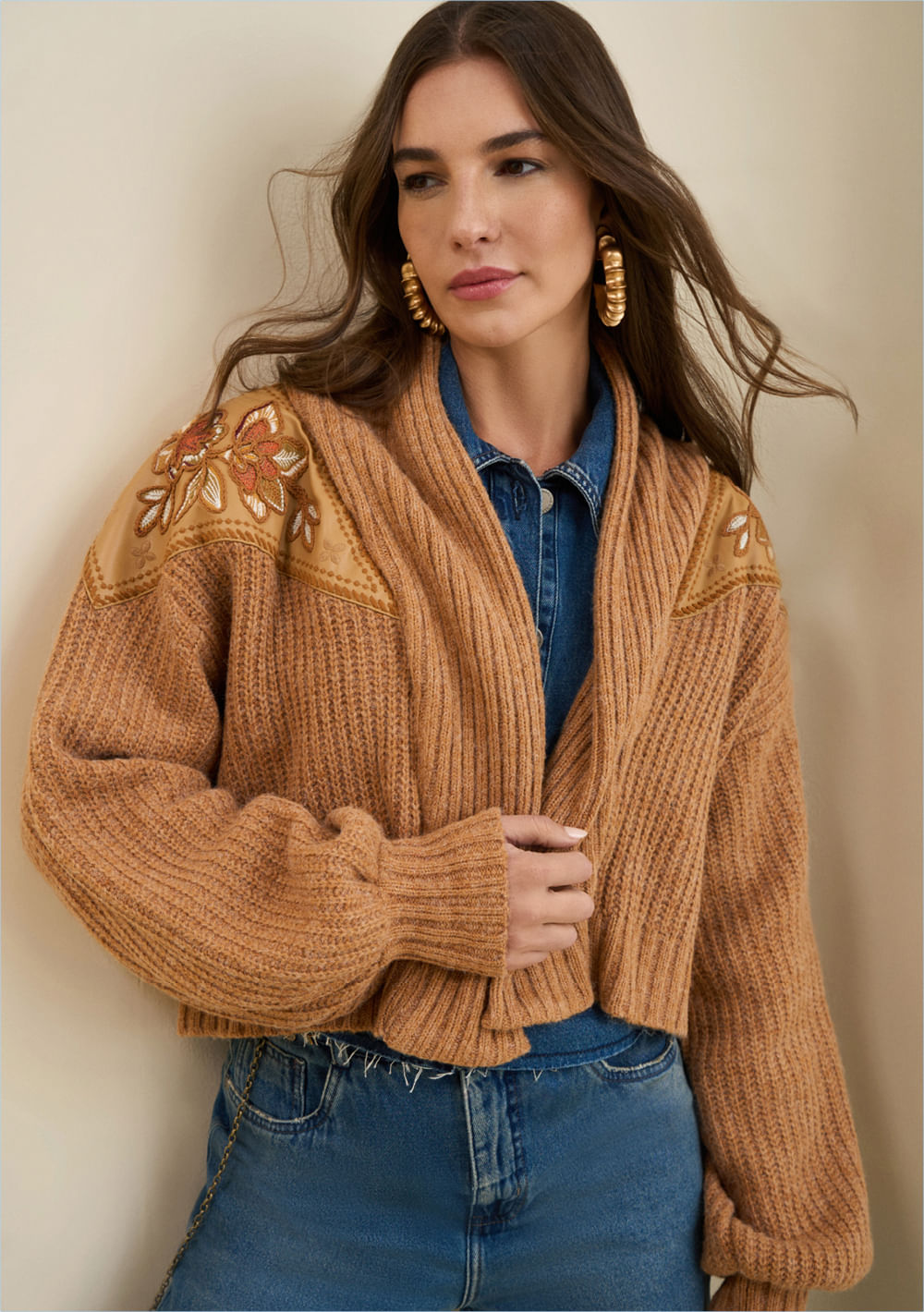 Casaco Morena Rosa Oversized Manga Longa Padrão Caramelo