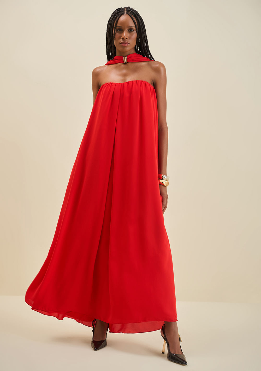 Vestido Morena Rosa Solto Decote Reto Com Alça Longo Vermelho