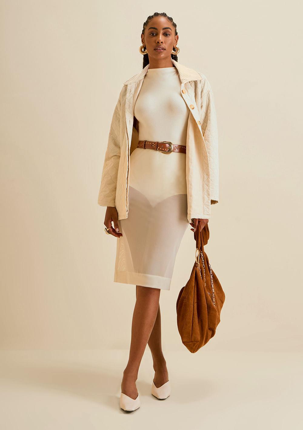 Saia Morena Rosa Lápis Alta Midi Off White