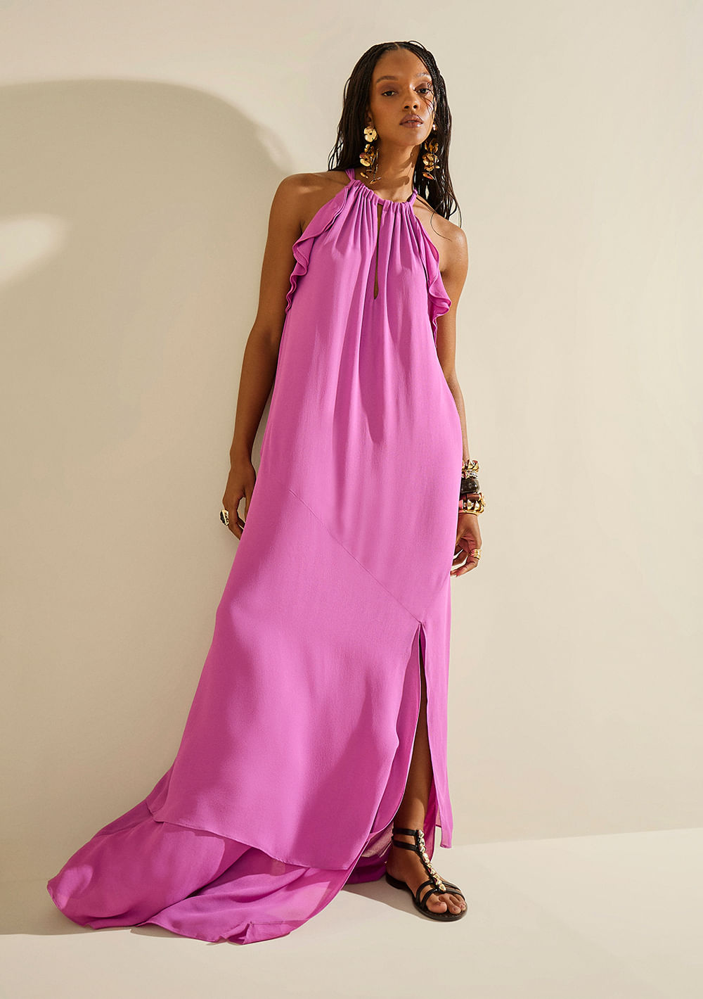 Vestido Morena Rosa Solto Decote V Sem Manga Longo Roxo