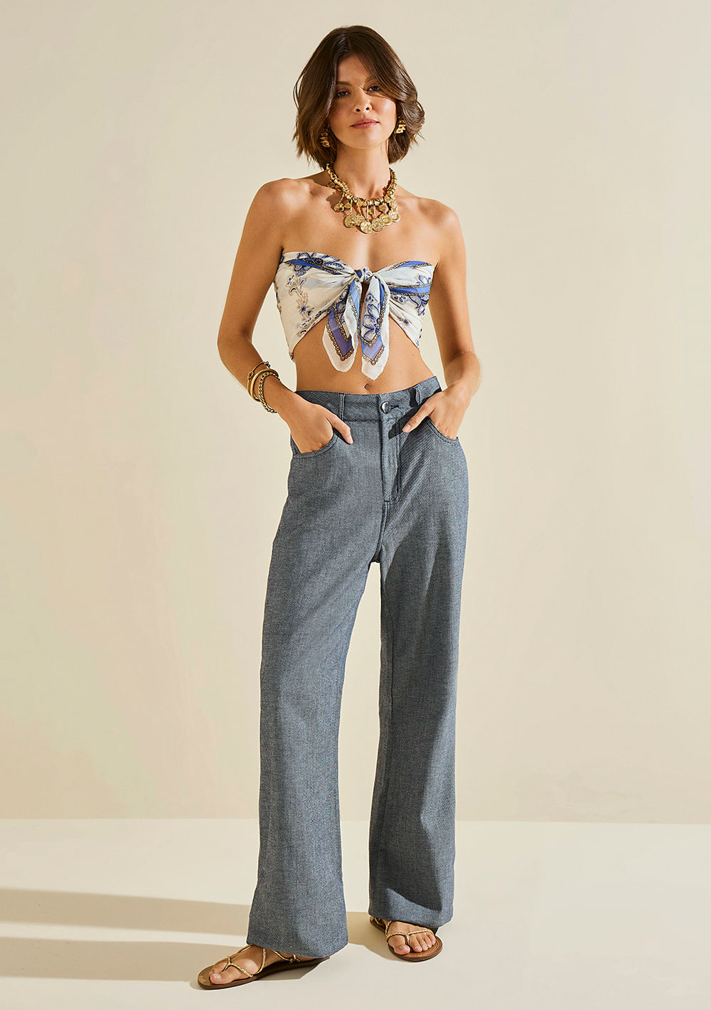 Calça Morena Rosa Flare Alta Azul
