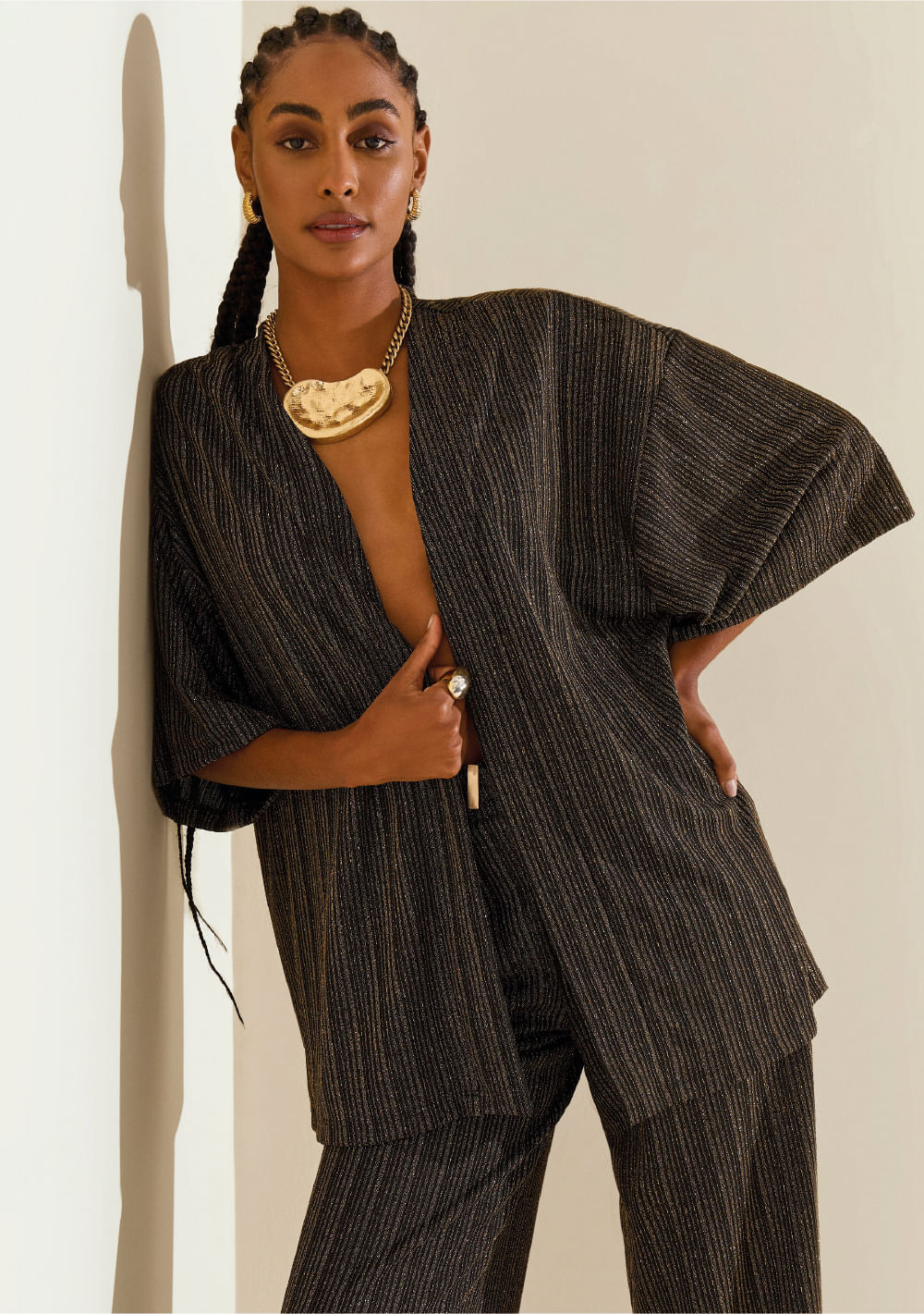 Kimono Morena Rosa Solto Manga 3 Quartos Alongado Preto