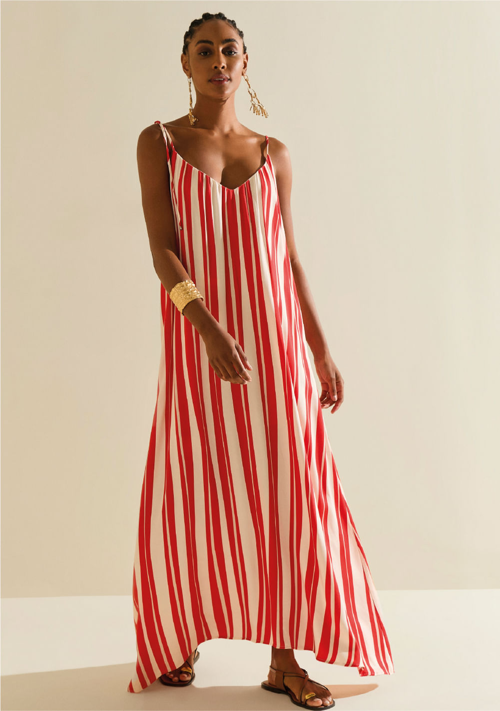 Vestido Morena Rosa Solto Decote V Com Alça Longo Vermelho