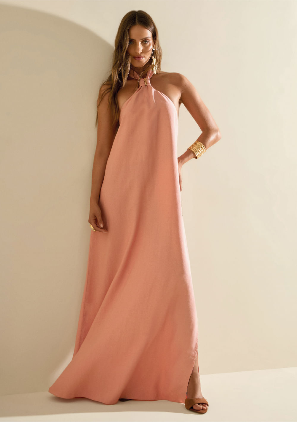 Vestido Morena Rosa Solto Cava Francesa Sem Manga Longo Rosa