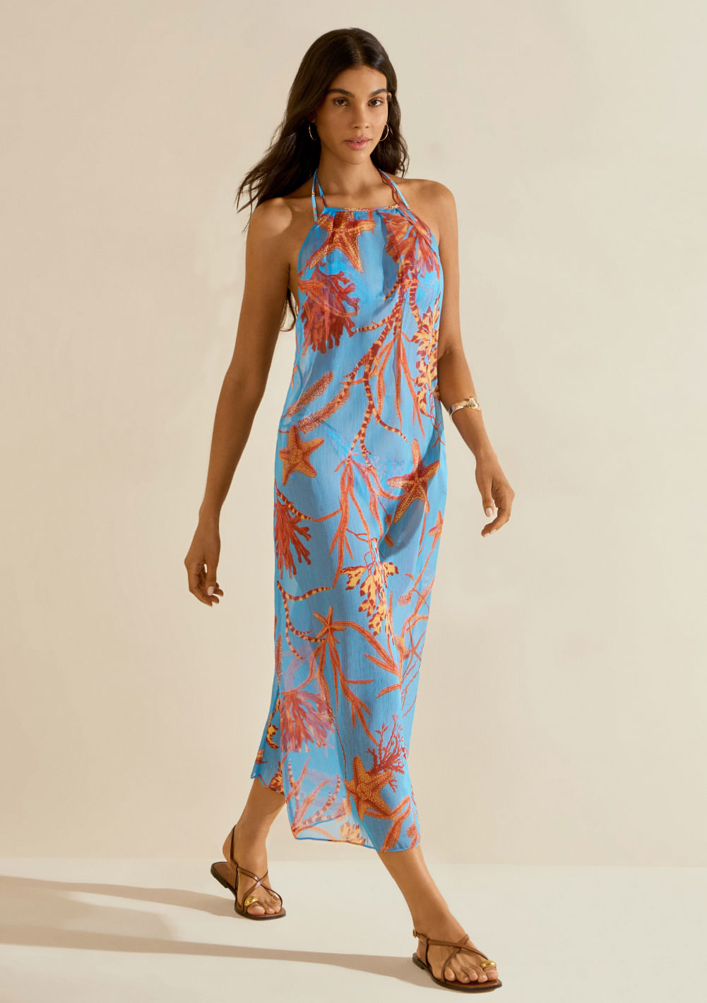 Vestido Morena Rosa Solto Cava Francesa Com Alça Midi Azul