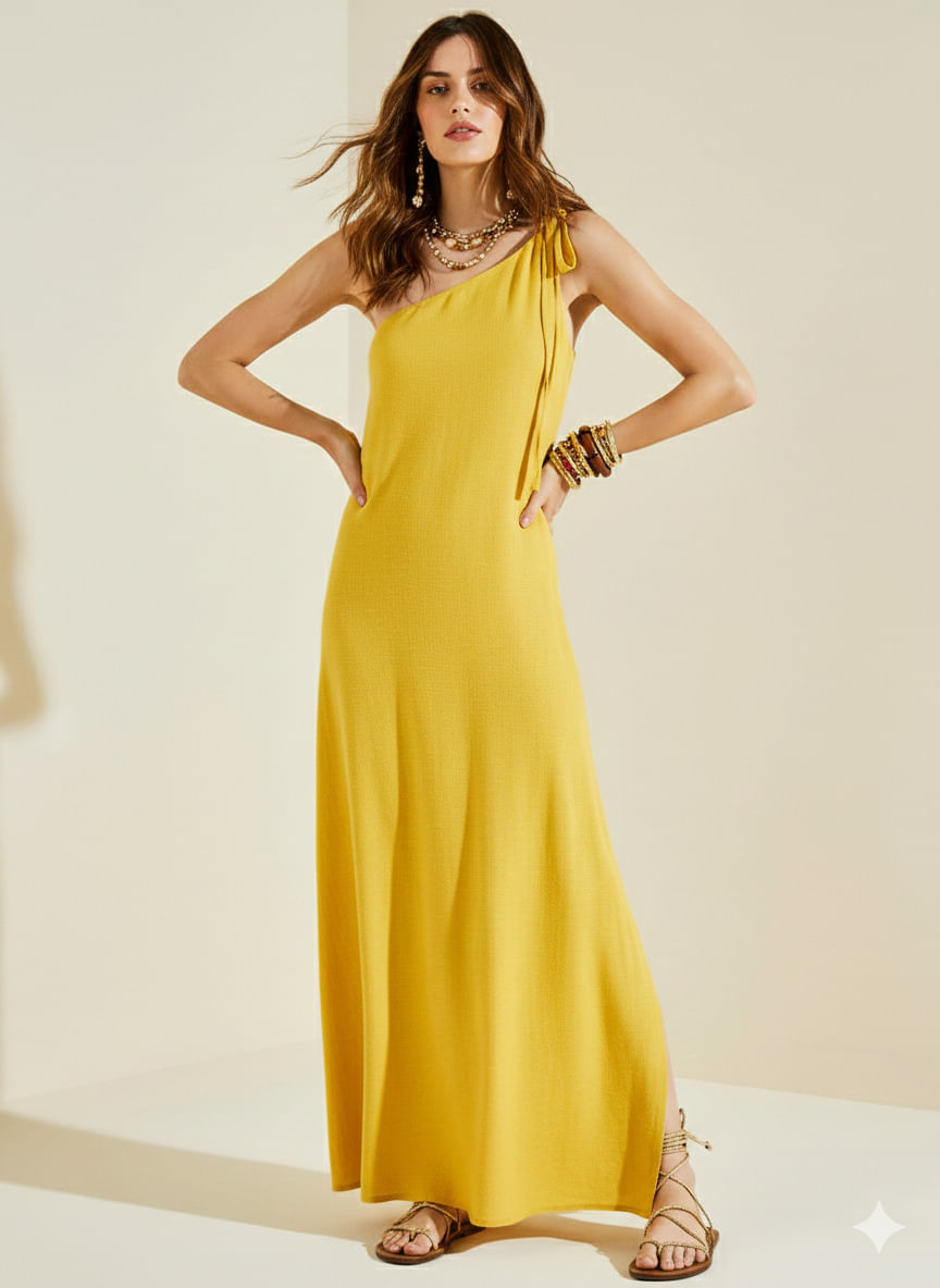 Vestido Morena Rosa Solto Um Ombro Só Sem Manga Midi Amarelo