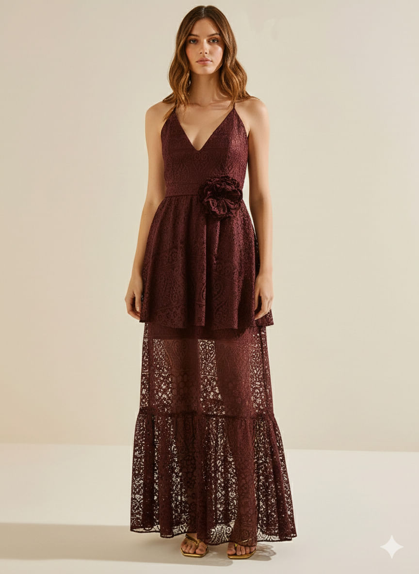Vestido Morena Rosa Ajustado Decote V Com Alça Longo Bordo