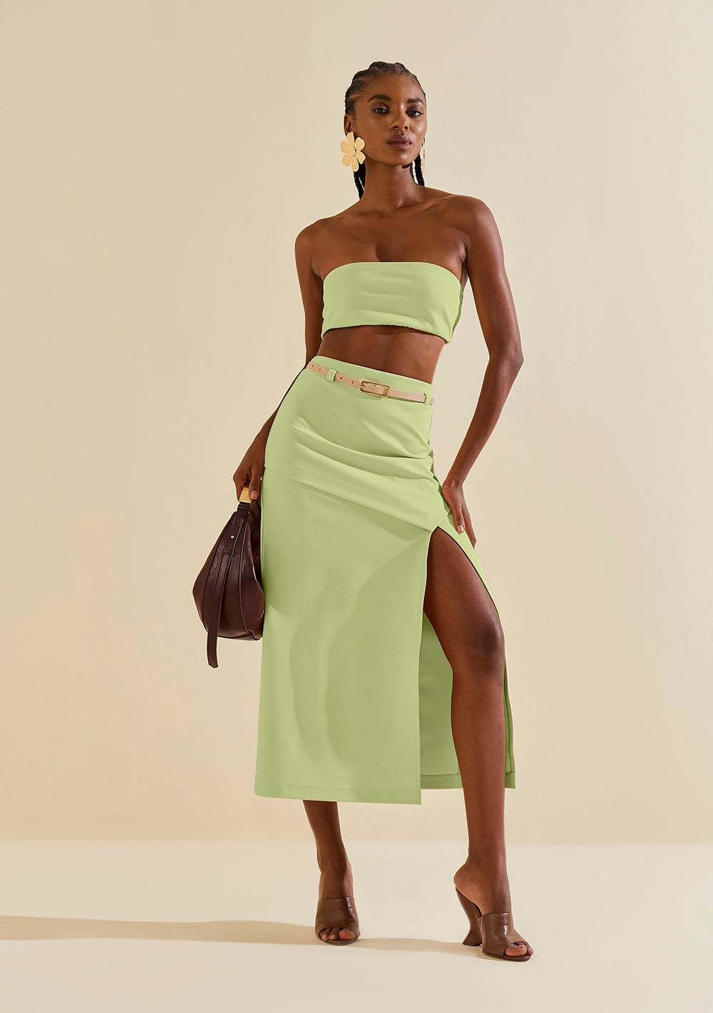 Saia Morena Rosa Reta Alta Midi Verde