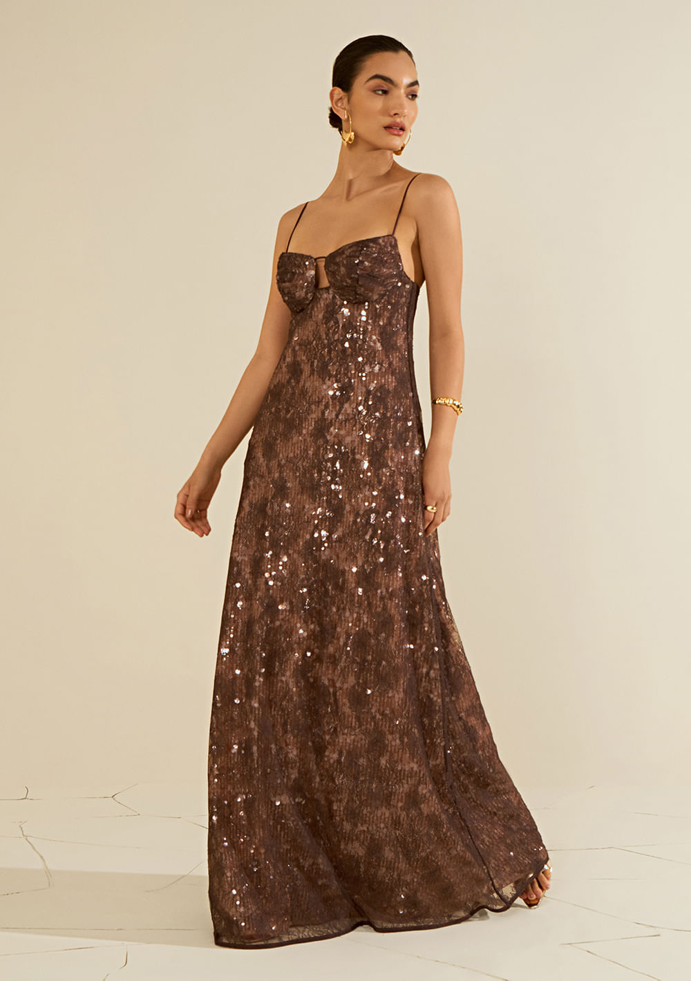 Vestido Morena Rosa Longo Aragonita Marrom