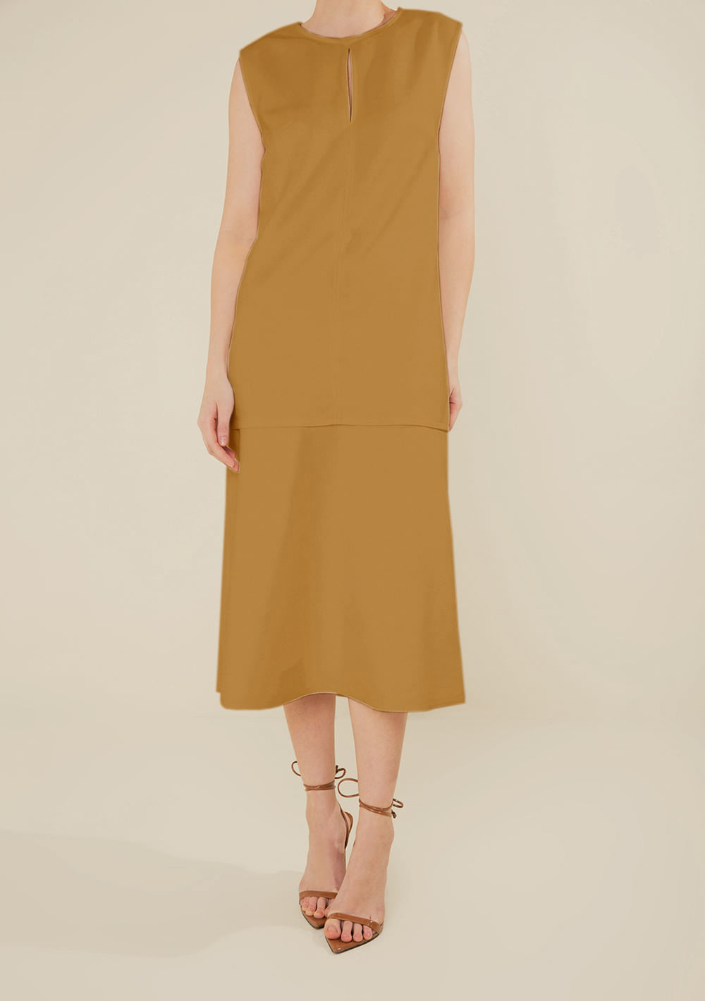 Vestido Morena Rosa Solto Decote Careca Sem Manga Midi Amarelo