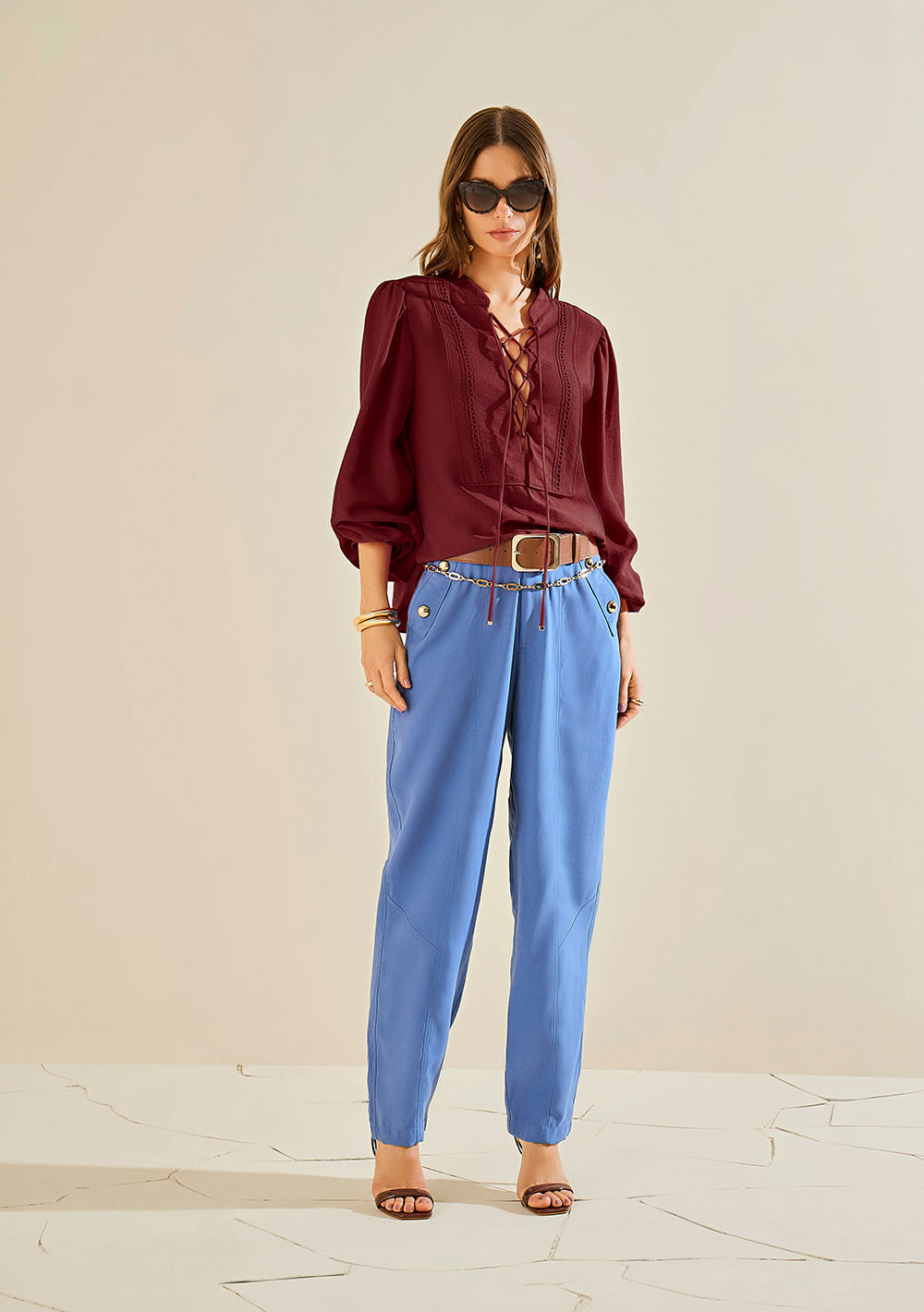 Calça Morena Rosa Cenoura Alta Azul