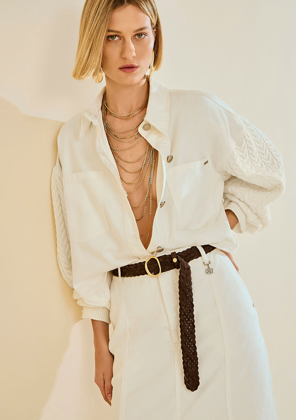 Jaqueta Morena Rosa Solta Manga Longa Padrão Off White