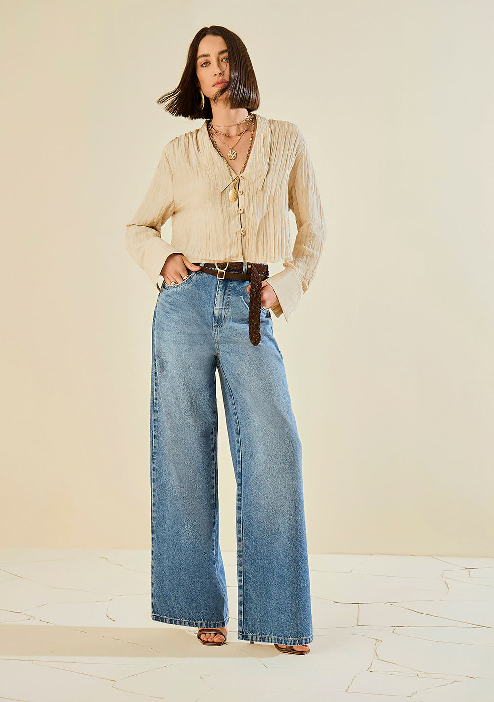 Calça Morena Rosa Pantalona Alta Azul