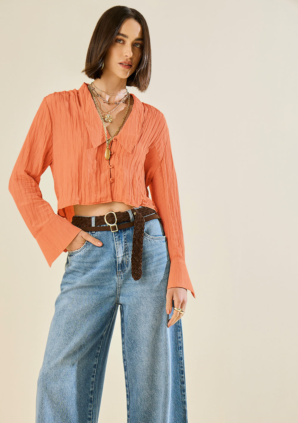 Blusa Morena Rosa Ajustada Decote V Manga Longa Padrão Marrom
