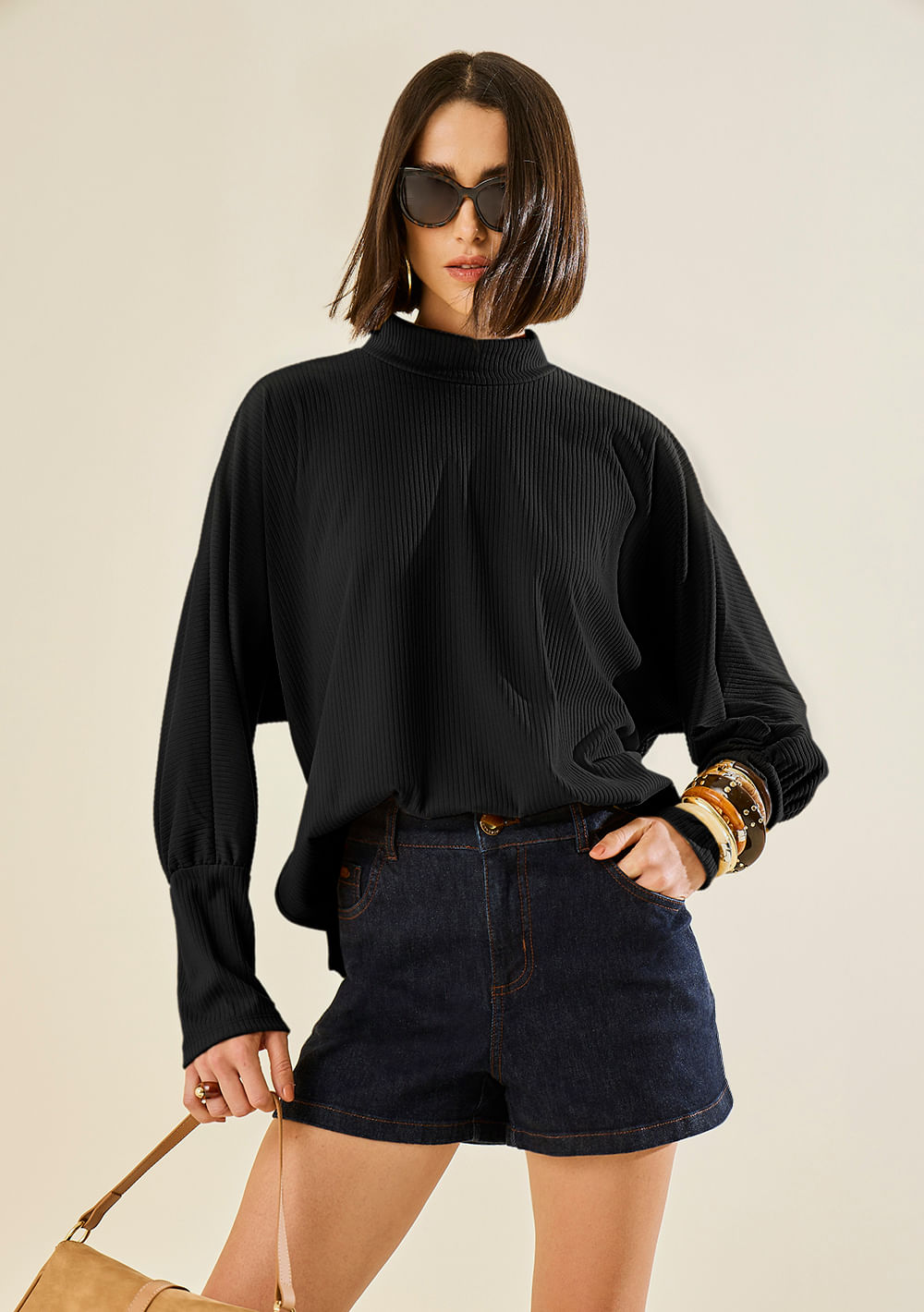 Blusa Morena Rosa Ajustada Gola Alta Manga Longa Padrão Preto
