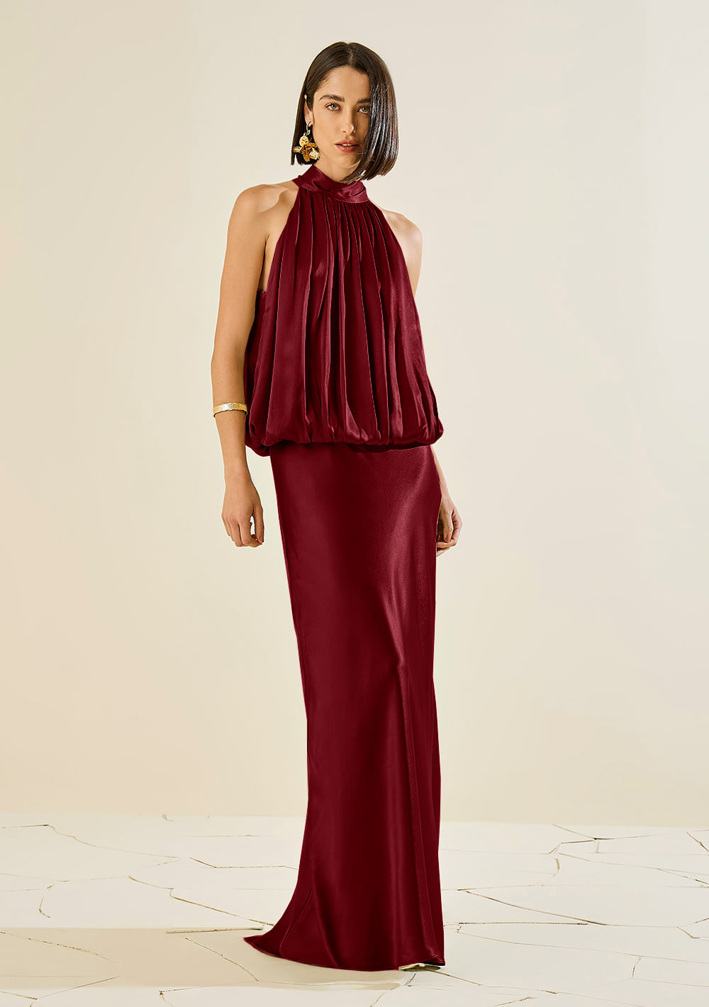 Vestido Morena Rosa Solto Gola Alta Sem Manga Longo Bordo