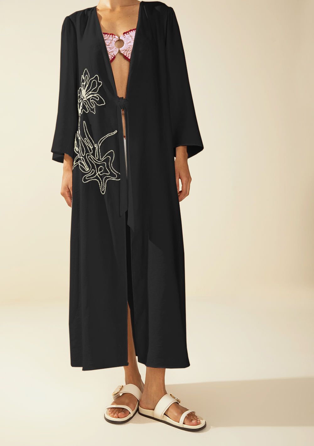 Kimono Morena Rosa Solto Manga Longa Alongado Preto
