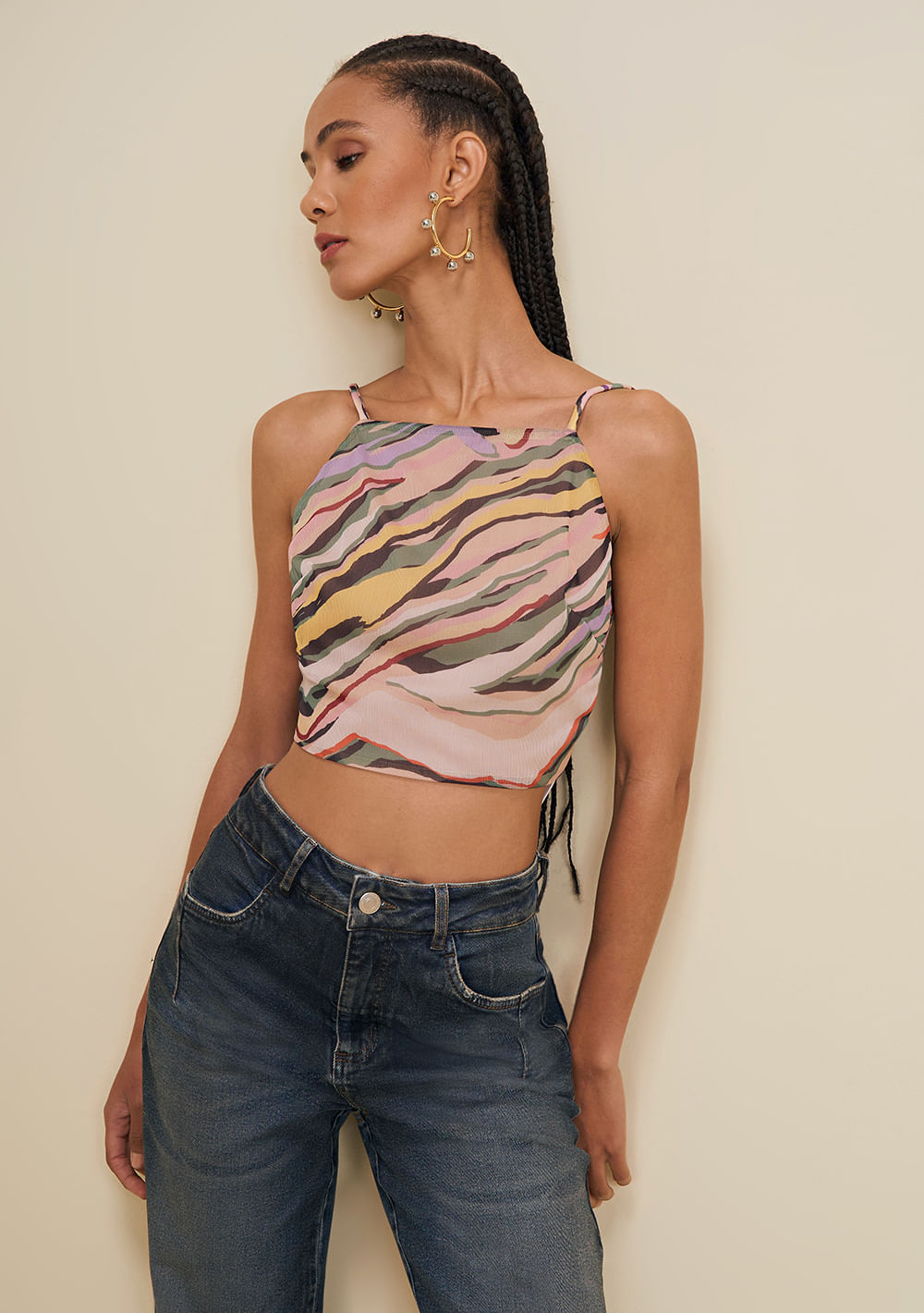 Blusa Decote Reto Cava Francesa Amarração Costas Rosa