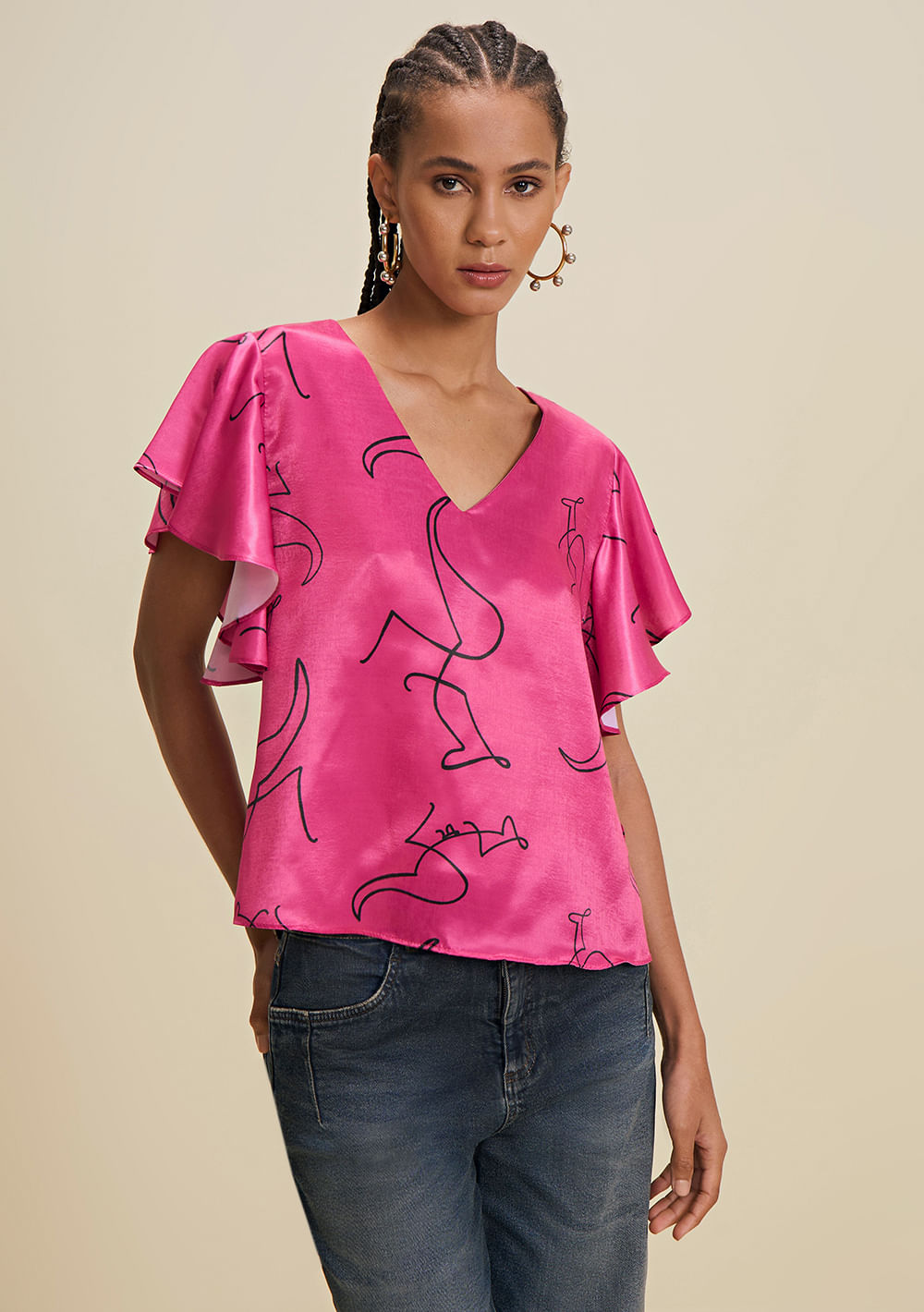 Blusa Solta Decote V Manga Curta Cropped Rosa