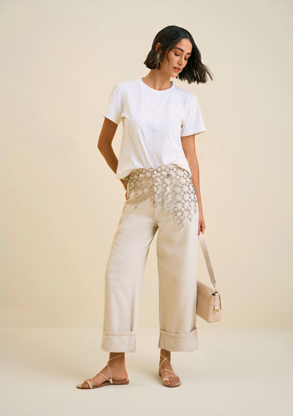 Calça Morena Rosa Wide Leg Thaila Cós Alto Barra Dobrada Bege