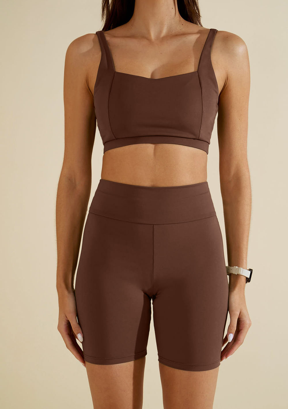 Conjunto Morena Rosa Top Com Alça Bermuda Ciclista Cintura Média Marrom