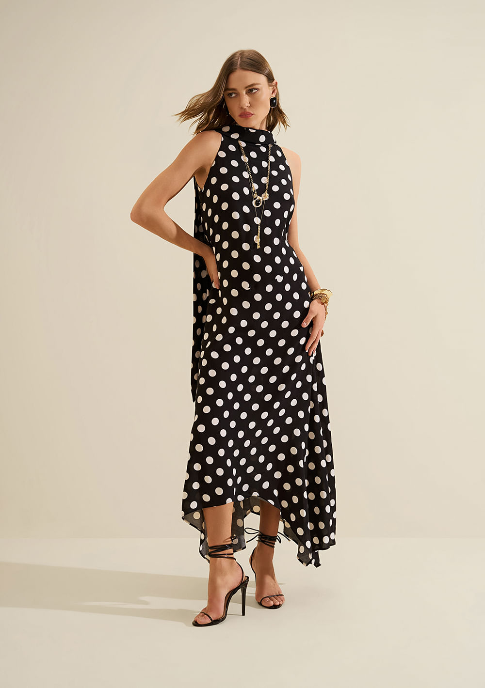 Vestido Gola Alta Midi Sonata Preto/branco