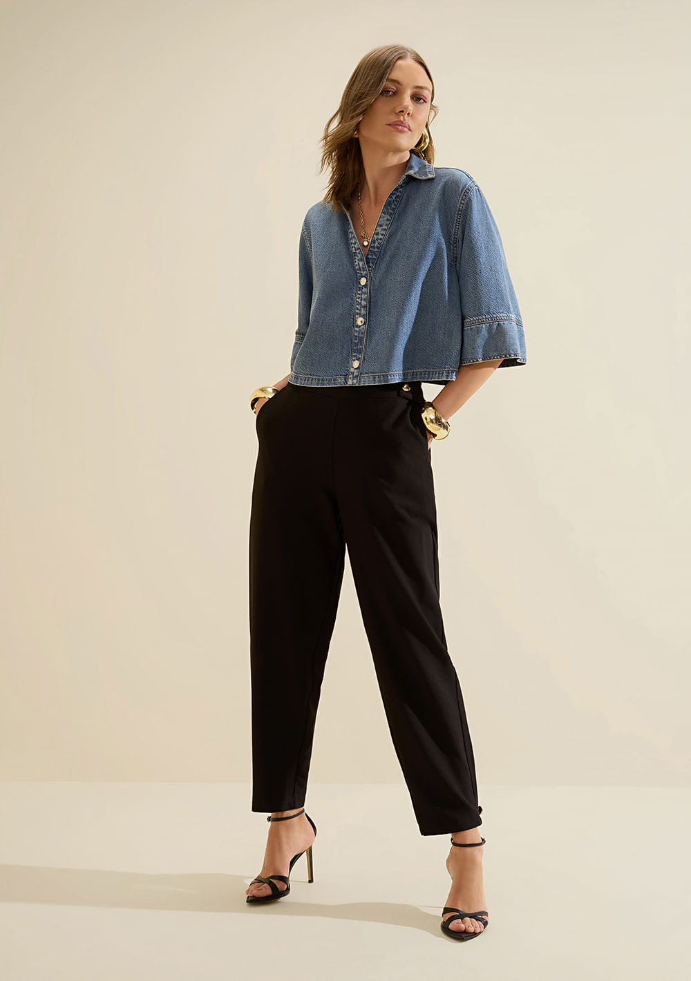 Camisa Morena Rosa Solta Polo Manga 3 Quartos Cropped Azul