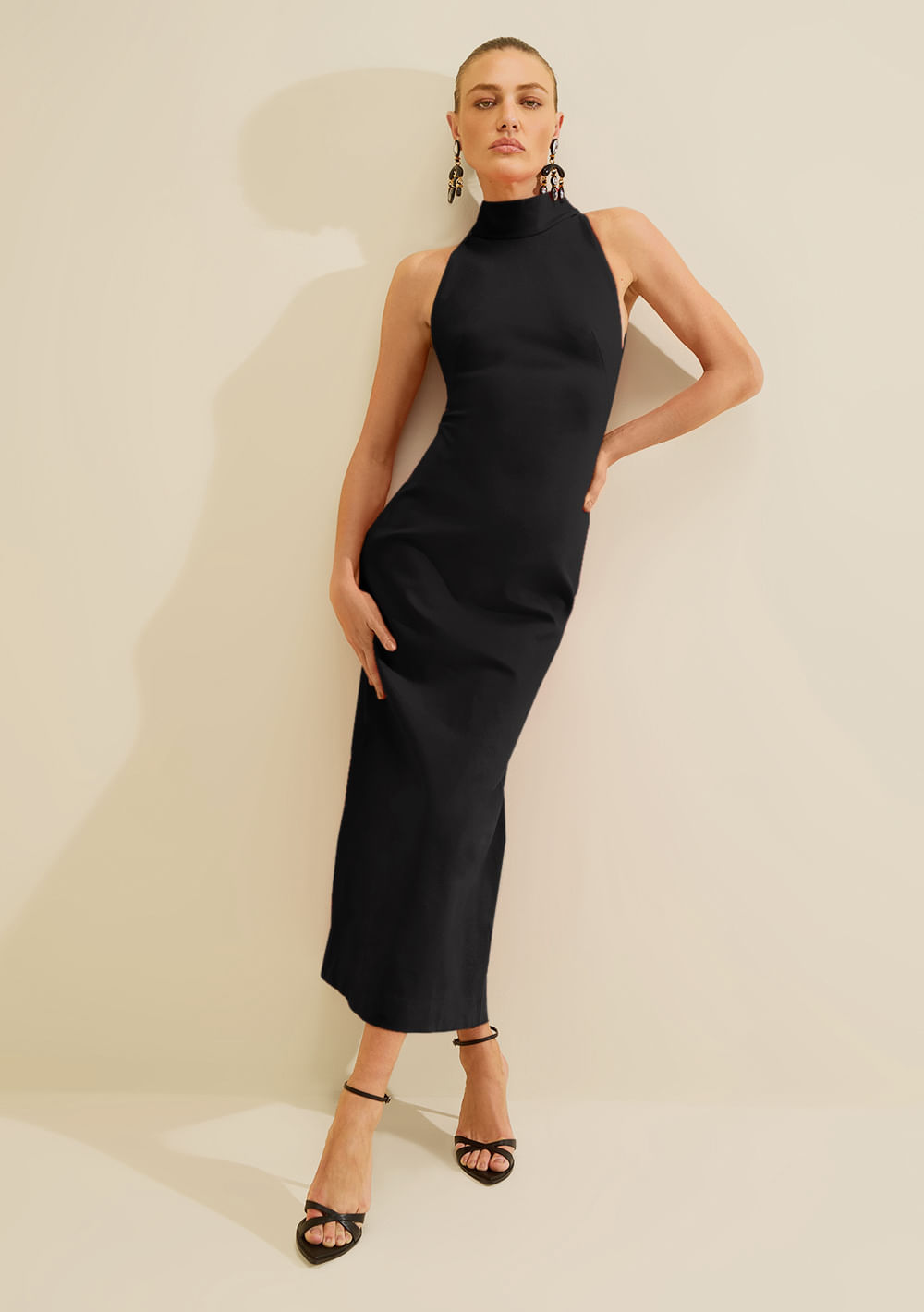 Vestido Midi Gola Alta Carmim Preto